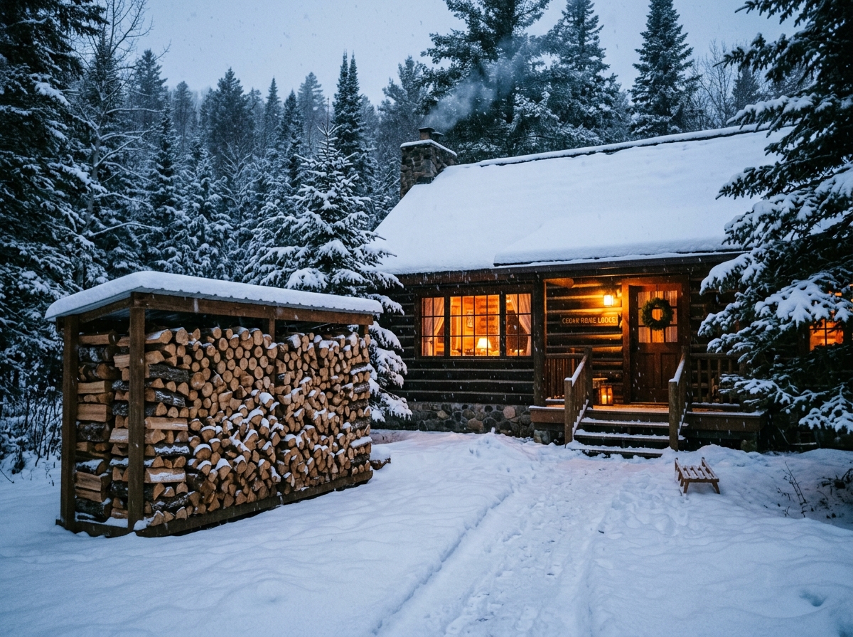 Cozy winter scene with stacked woodpile outside cabin